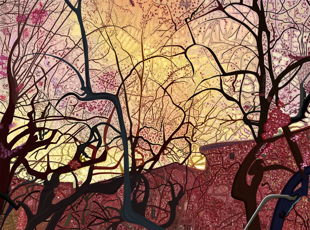 Ciel orange, bâtiments et arbres au printemps (art numérique) - Evan Sklar