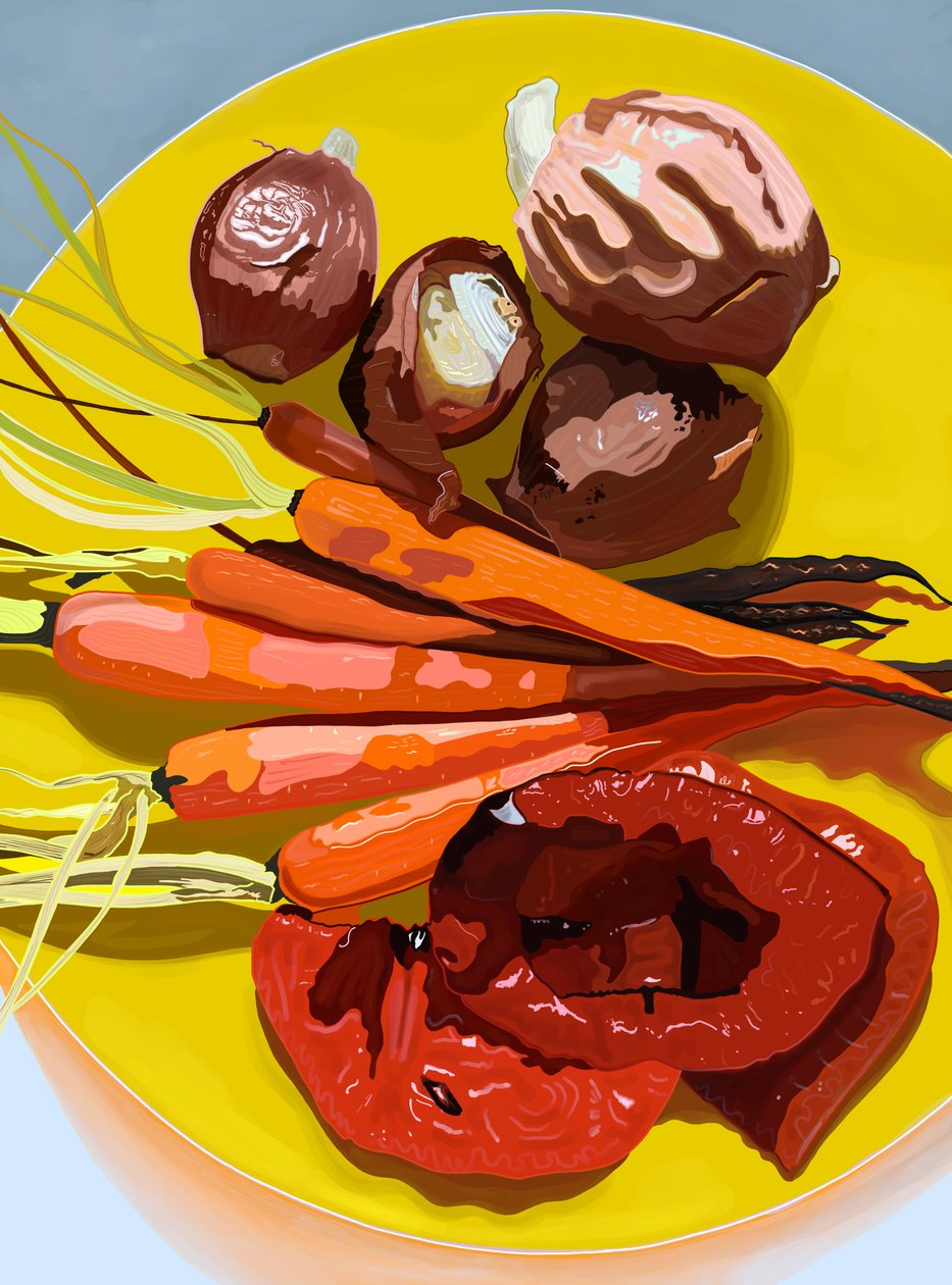 Légumes rôtis sur assiette jaune, Brooklyn (art numérique) - Evan Sklar