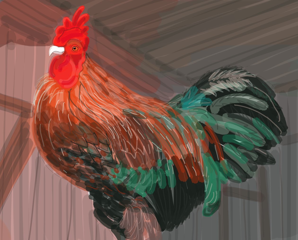 Rooster In Barn, 2018 (dessiné à la main sur un iPad avec un crayon Apple) - Evan Sklar