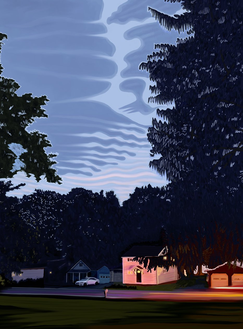 Rue et maisons avec de grands arbres à Hamilton, New York au crépuscule (art numérique) - Evan Sklar