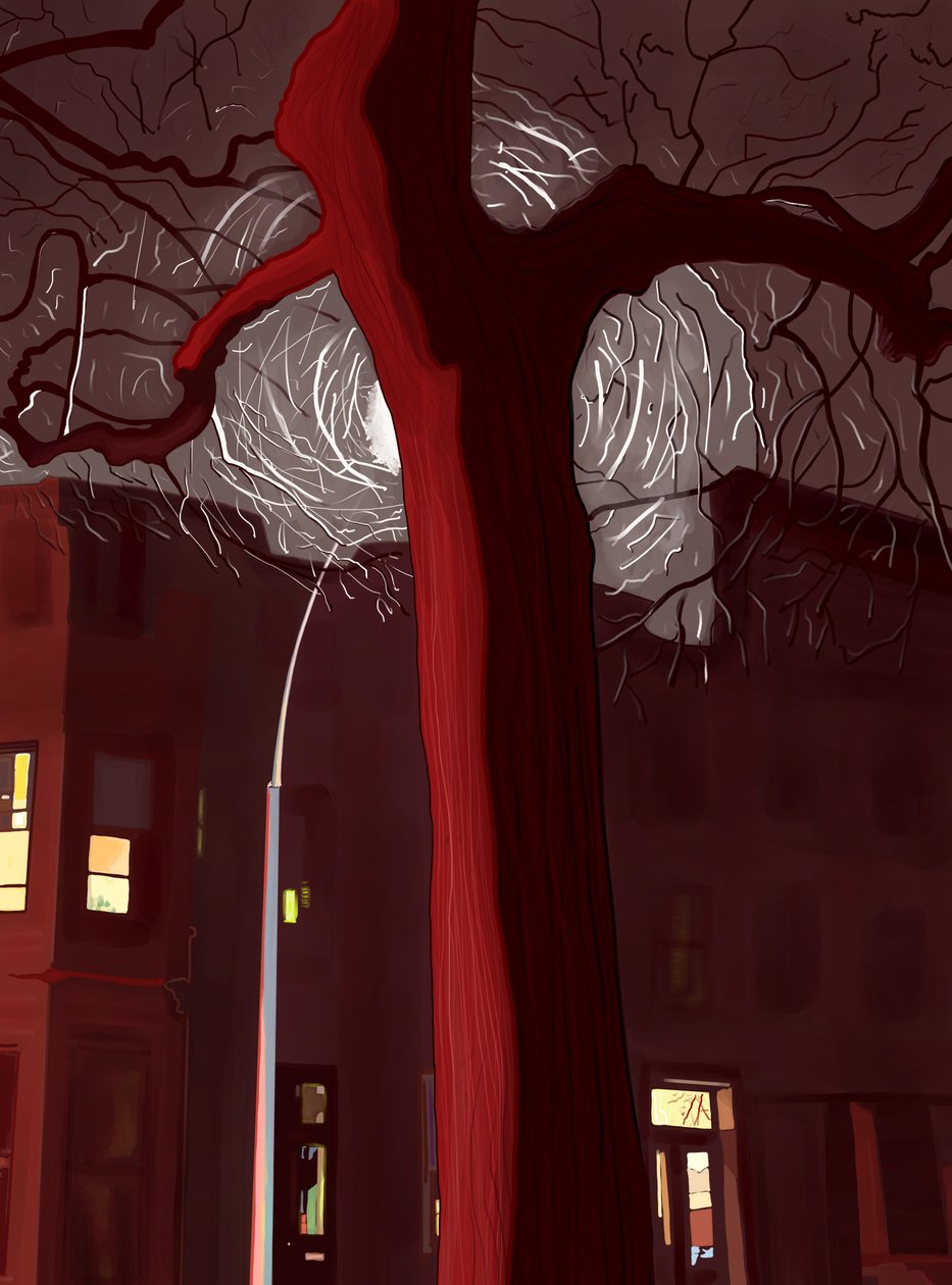 Rue et arbre de nuit éclairés par des sirènes et un lampadaire (art numérique) - Evan Sklar
