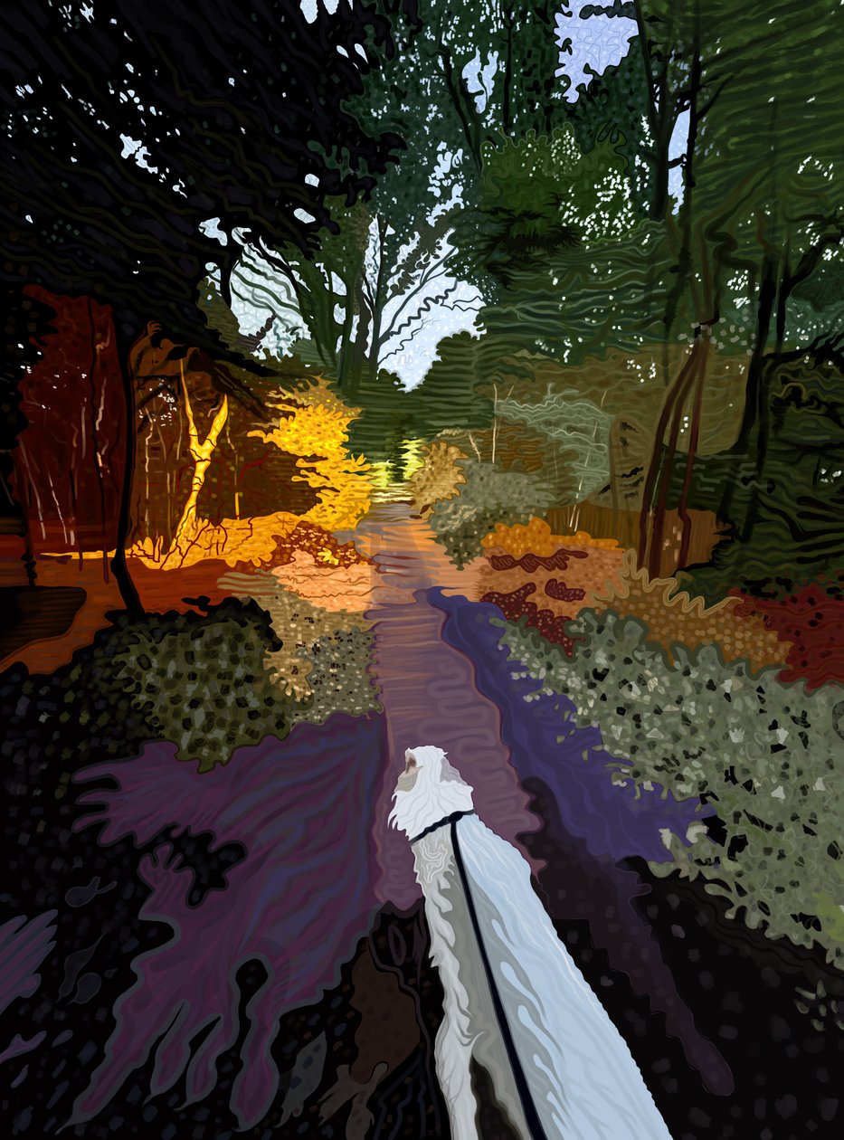 Chien blanc marchant dans la forêt (art numérique) - Evan Sklar