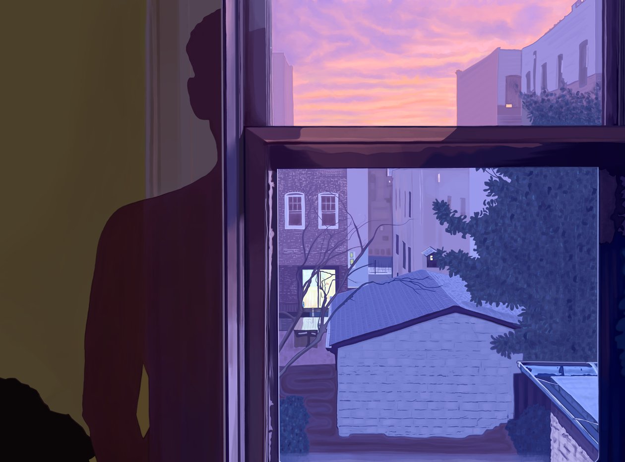 Fenêtre et mon ombre sur le mur au coucher du soleil (art numérique) - Evan Sklar