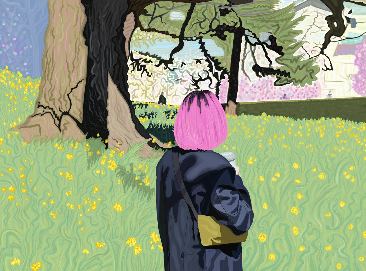 Femme Wirth Cheveux roses et champ de jonquilles (art numérique) - Evan Sklar
