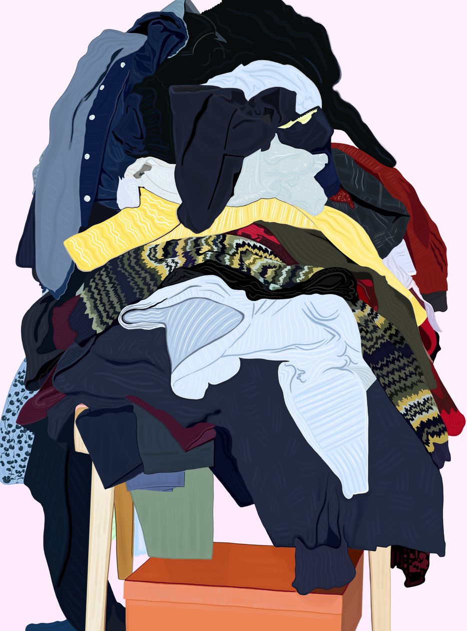 Vêtements de femme empilés sur une chaise (art numérique) - Evan Sklar
