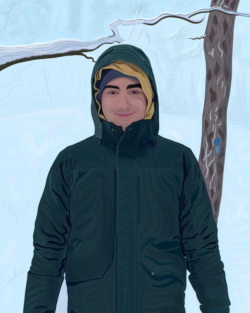 Jeune homme en parka vert dans la neige (art numérique) - Evan Sklar