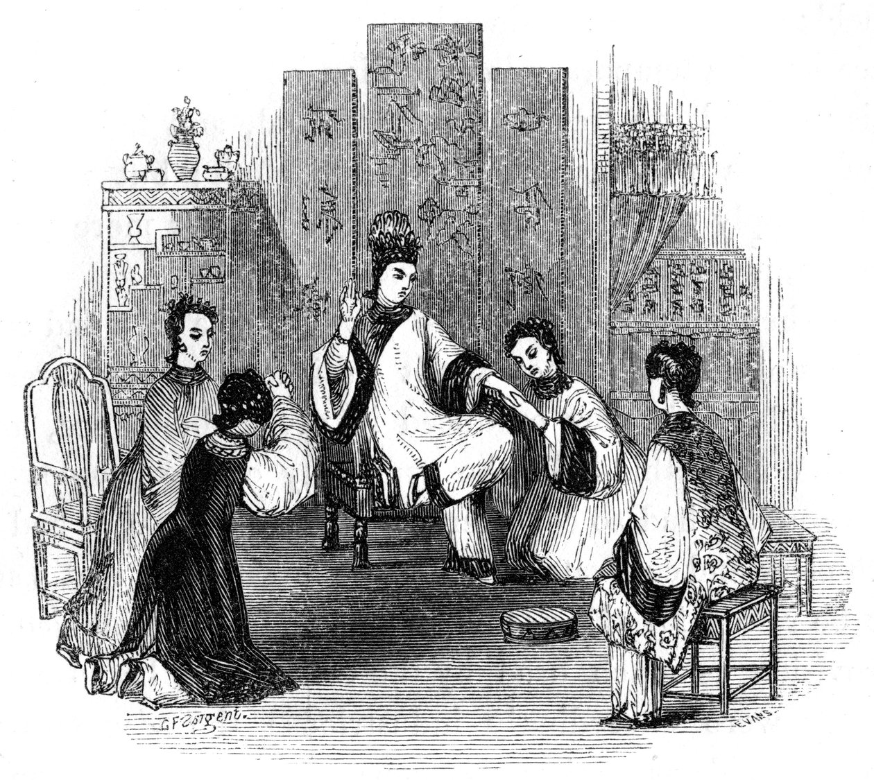 Jeunes filles chinoises pleurant avec une mariée, 1847 - Evans