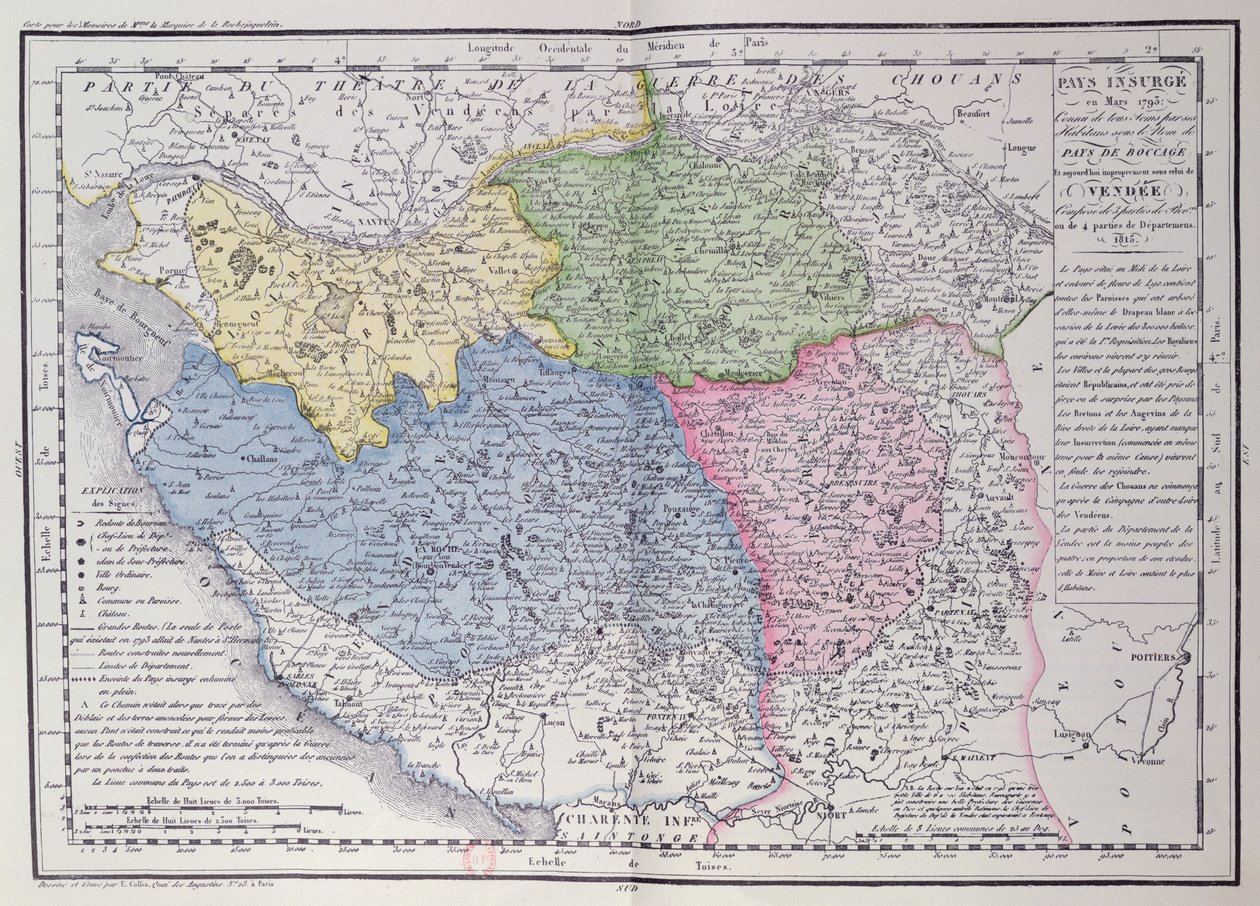 Carte de la Vendée représentant la zone de la révolte vendéenne (1793-96) en mars 1793 - F. Colliu