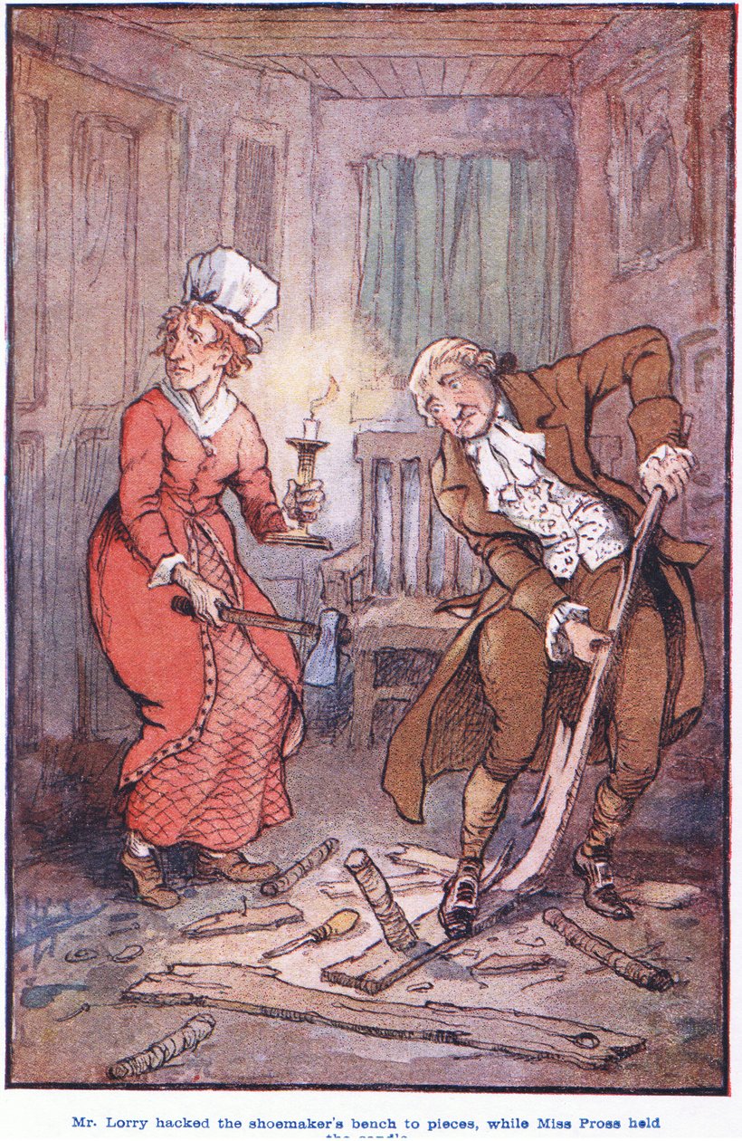 M. Larry a coupé en morceaux le banc du cordonnier, tandis que Mlle Pross tenait la bougie - F. M. B. Blaikie