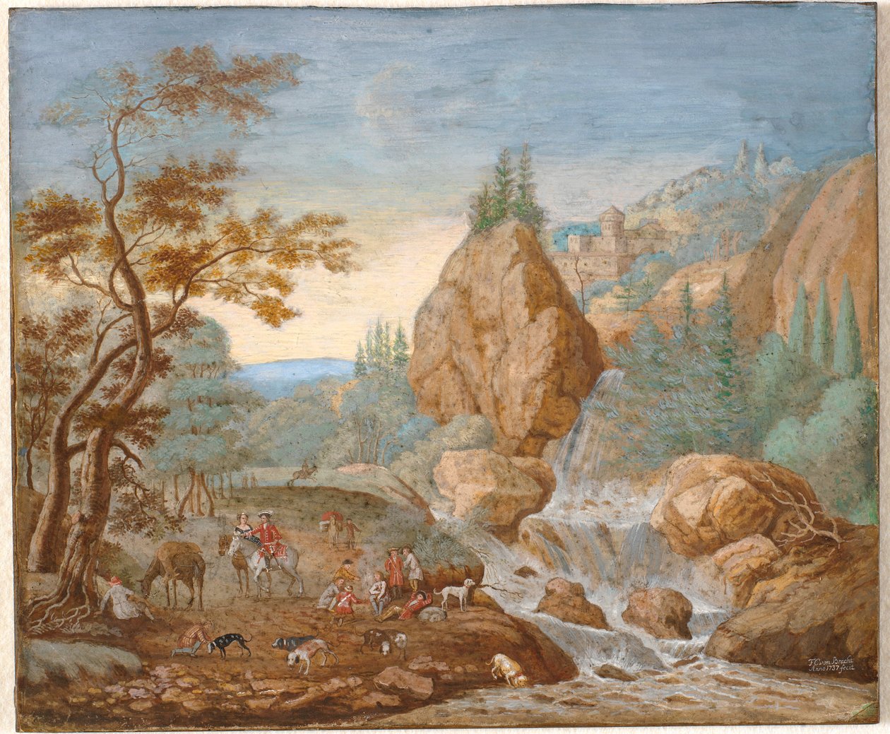 Paysage de montagne avec une partie de chasse au premier plan - F.C. van Bracht