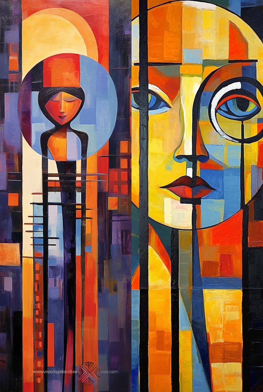 Figuratif abstrait, visage acrylique pleine couleur, impression sur toile - F. Abderrahim