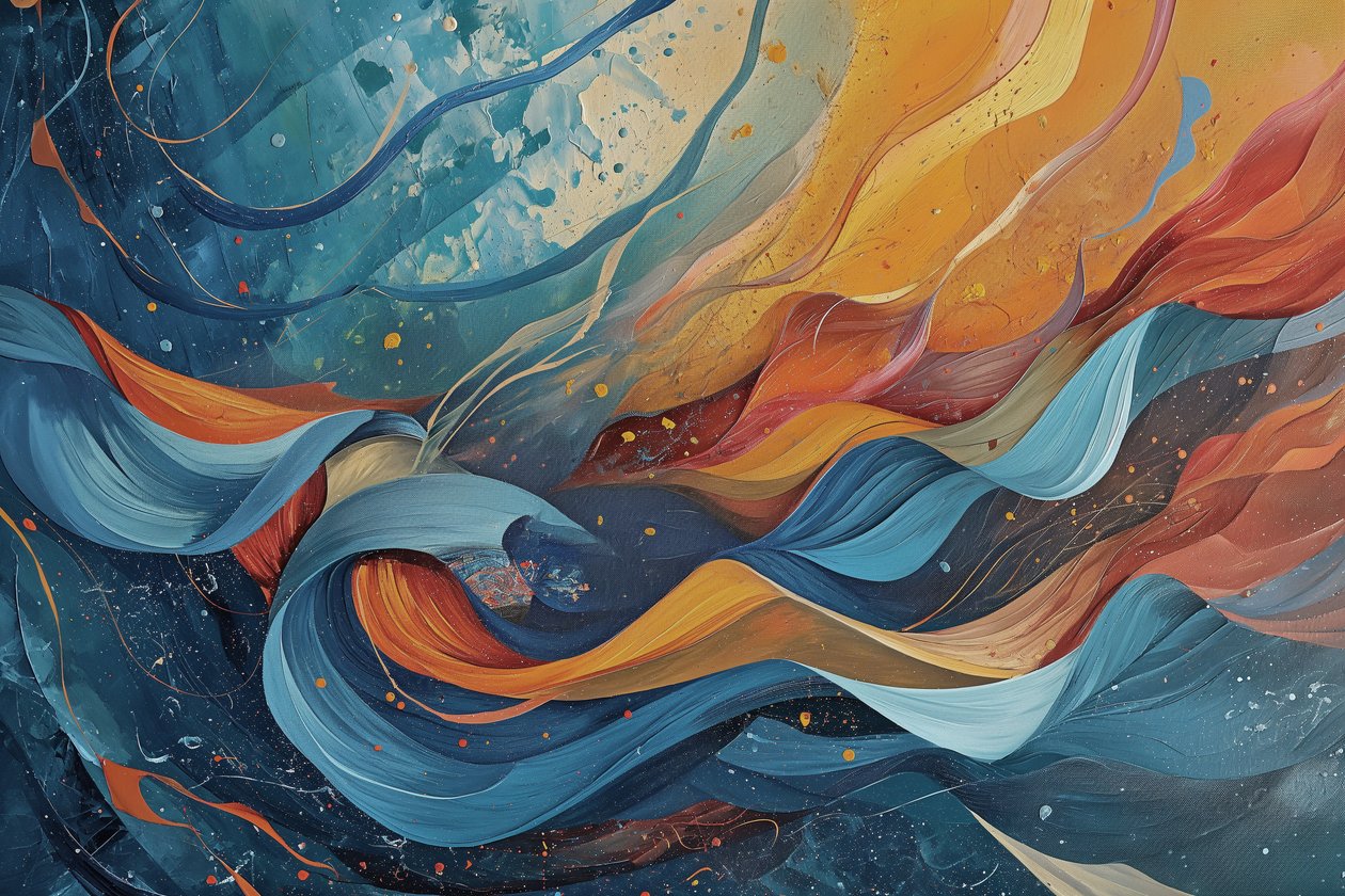 Peinture abstraite en vagues de bleu, orange et jaune - F. Abderrahim