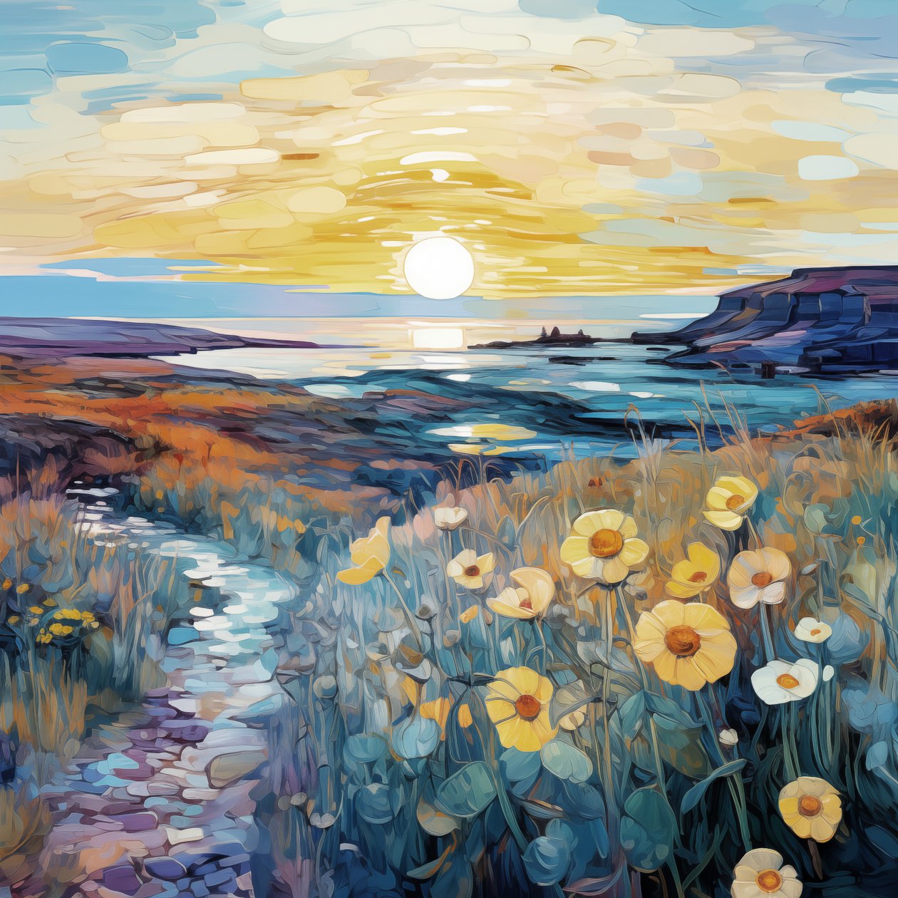 Fleurs violettes abstraites dans un paysage au lever du soleil - F. Abderrahim