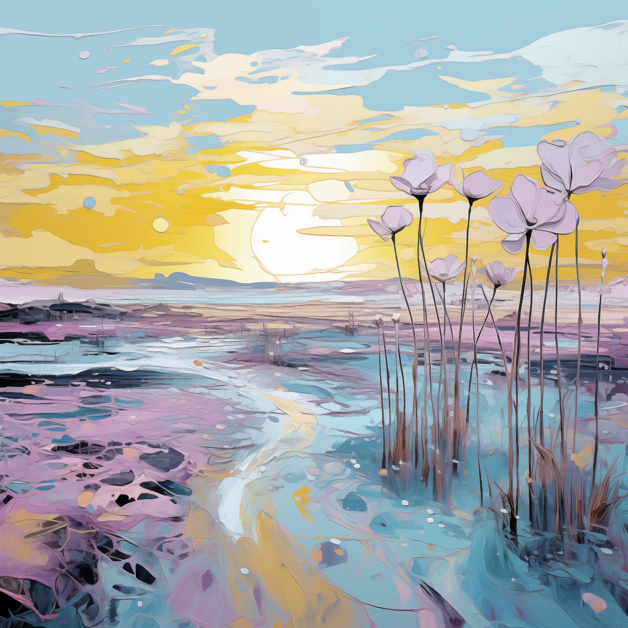 Fleurs violettes abstraites dans un paysage au coucher du soleil - F. Abderrahim