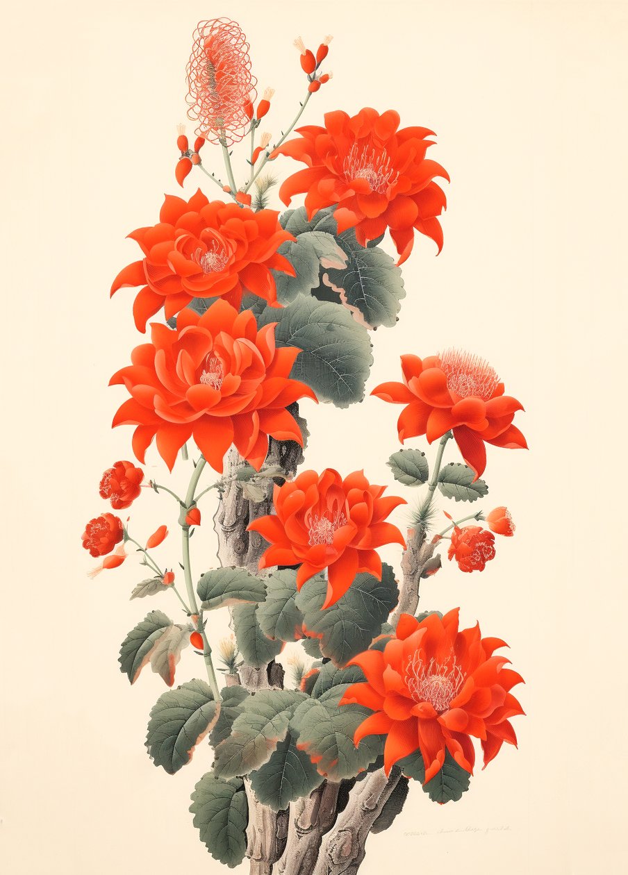 Cactus abstrait avec des fleurs, estampe japonaise - F. Abderrahim