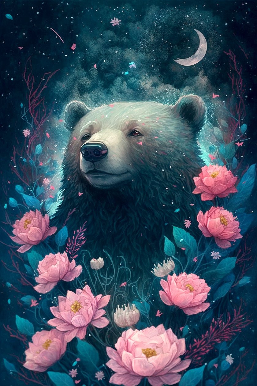 Ours dans une scène de rêve fantastique entouré de fleurs - F. Abderrahim