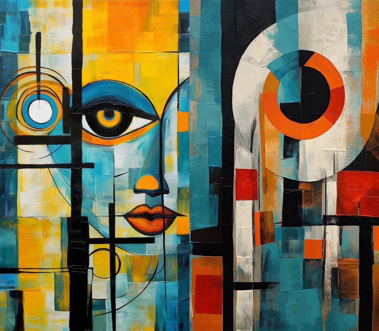 Belle peinture cubiste, visage féminin en couleurs vives - F. Abderrahim