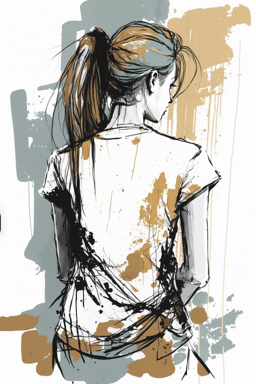 Filles dessinées de dos, croquis de lignes chaotiques minimalistes - F. Abderrahim