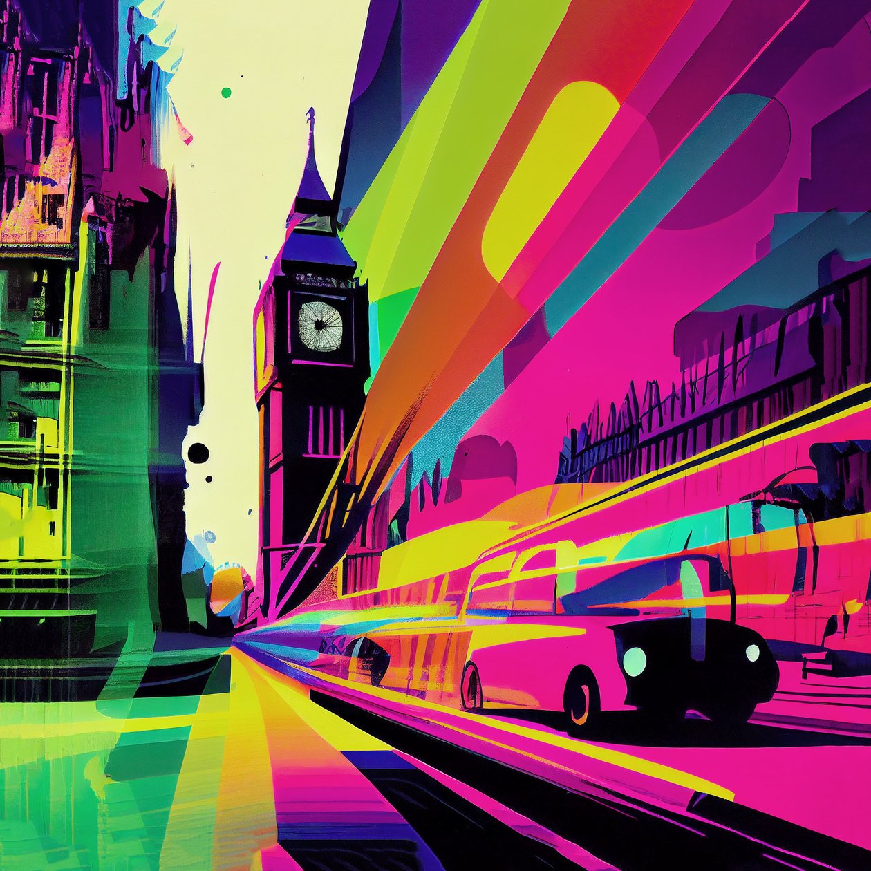 London farbenfrohe surrealistische Karikatur, Comic-Abstraktion von F. Abderrahim