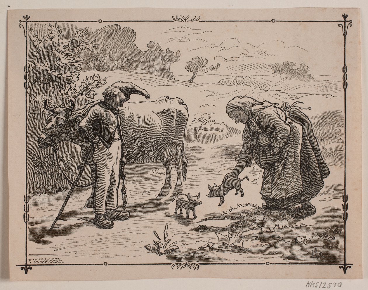 Illustration du conte populaire "Les trois petits cochons rouges" - F. Hendriksen