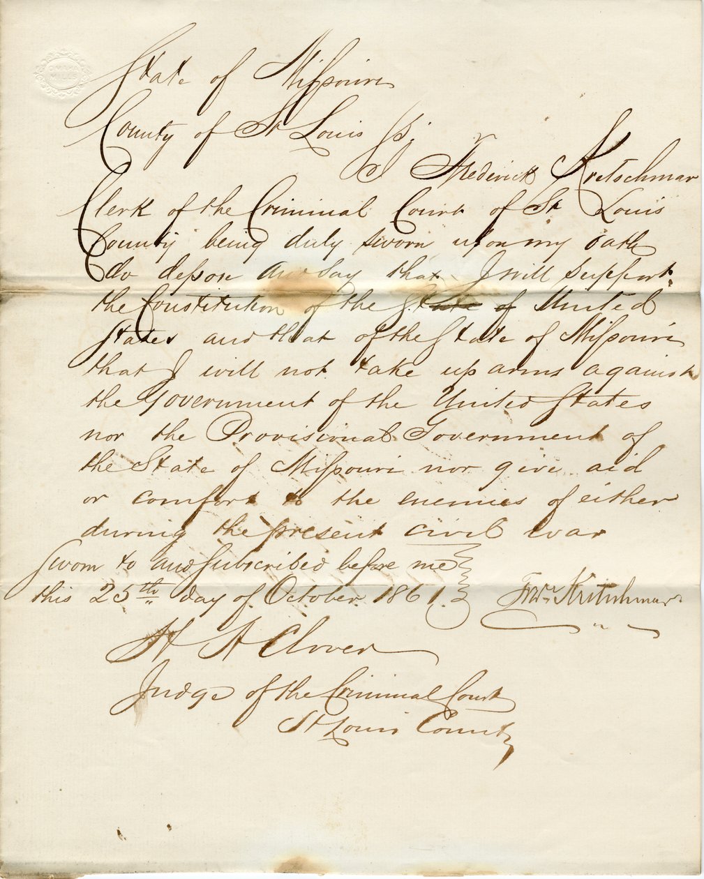 Serment de loyauté de Frederick Kretschmar, État du Missouri, Comté de St. Louis - F. Kretschmar