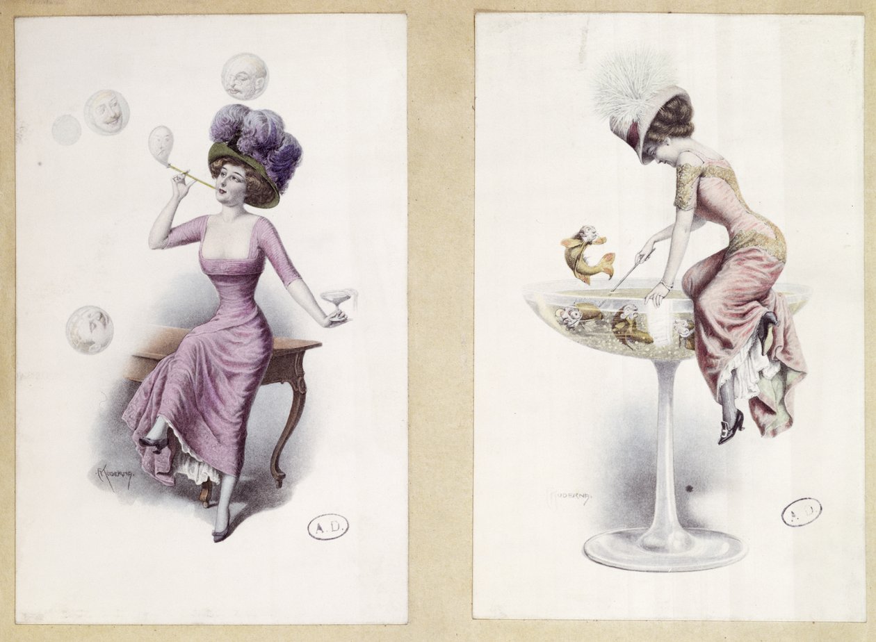 Cartes postales représentant une femme soufflant des bulles et pêchant dans un verre de champagne, vers 1900 (lithographie en couleur) - F. Kuderna
