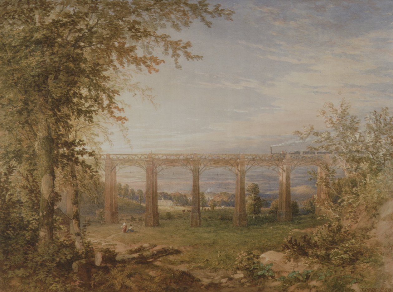 Un Viaduc Ferroviaire en Brique et Bois avec Train à Vapeur, 1849 - F. S. Cook