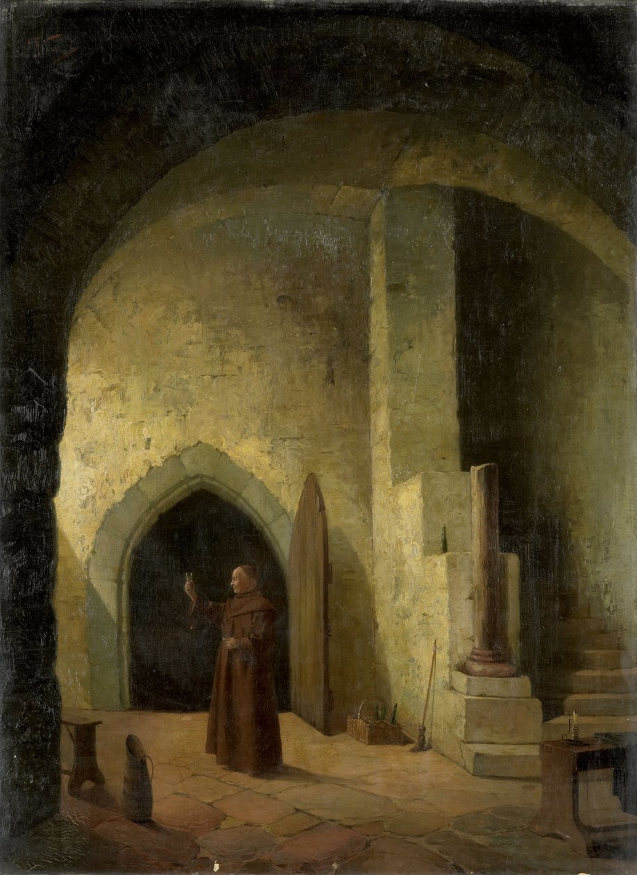 Un moine avec un verre dans une cave - F. Taupel