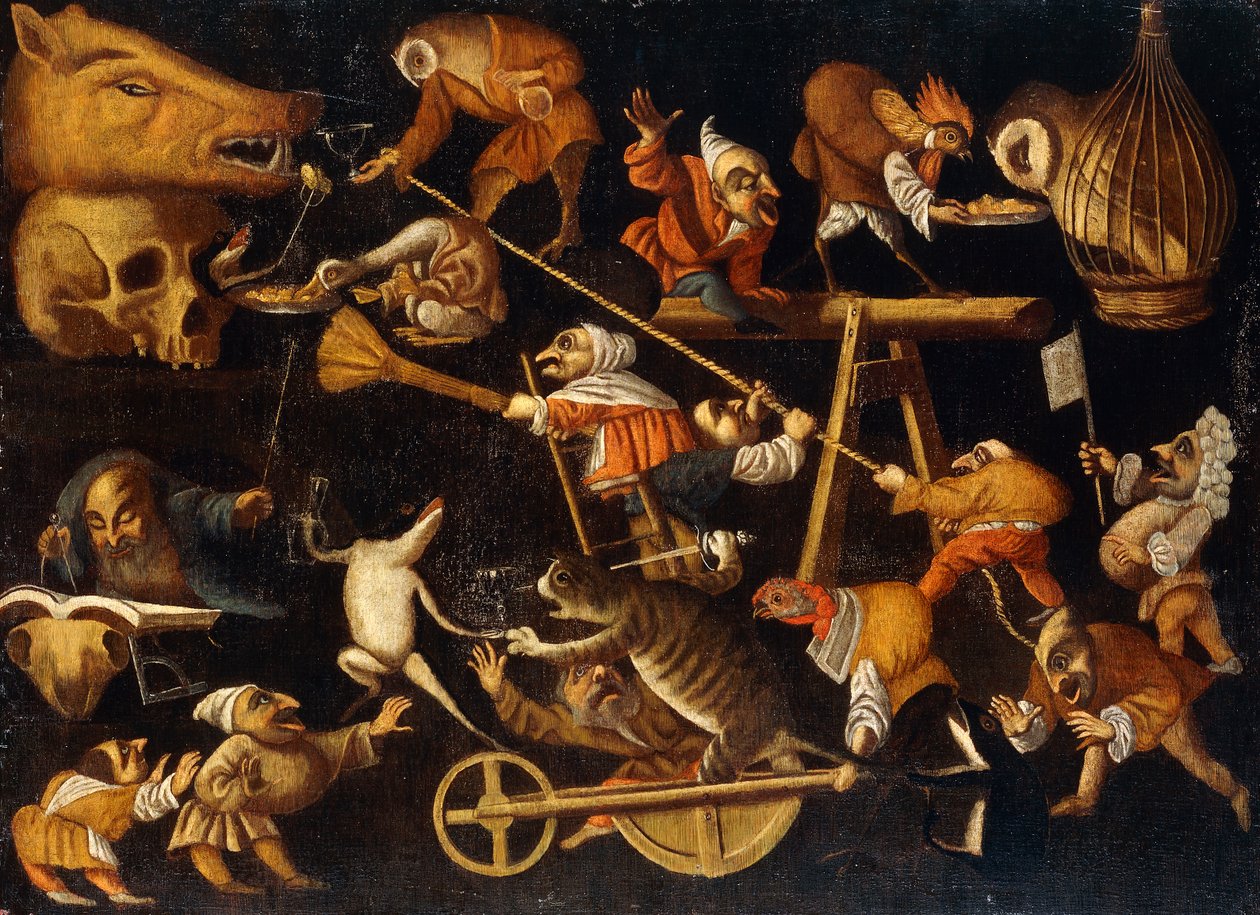 Animaux imaginaires et nains se battant, buvant et festoyant - Faustino Bocchi or Boccasi