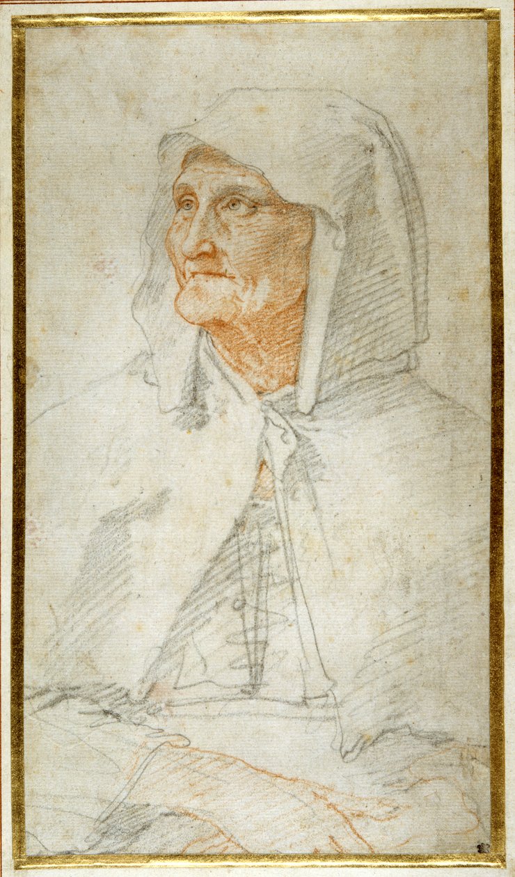 Vieille dame assise, mi-longueur (craies colorées sur papier) - Federico Zuccaro