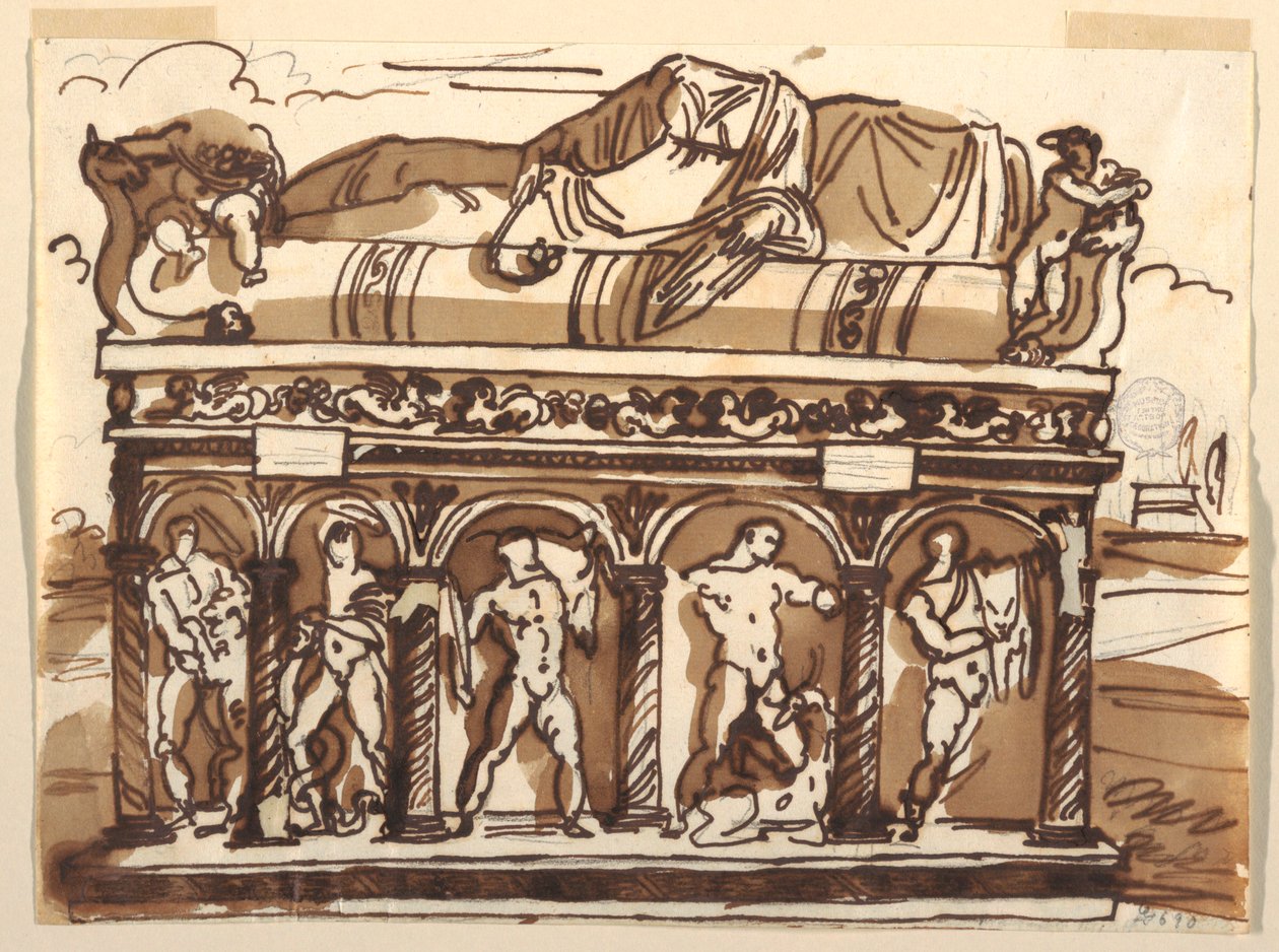 Dessin, sarcophage romain du musée du Vatican, vers 1820 - Felice Giani