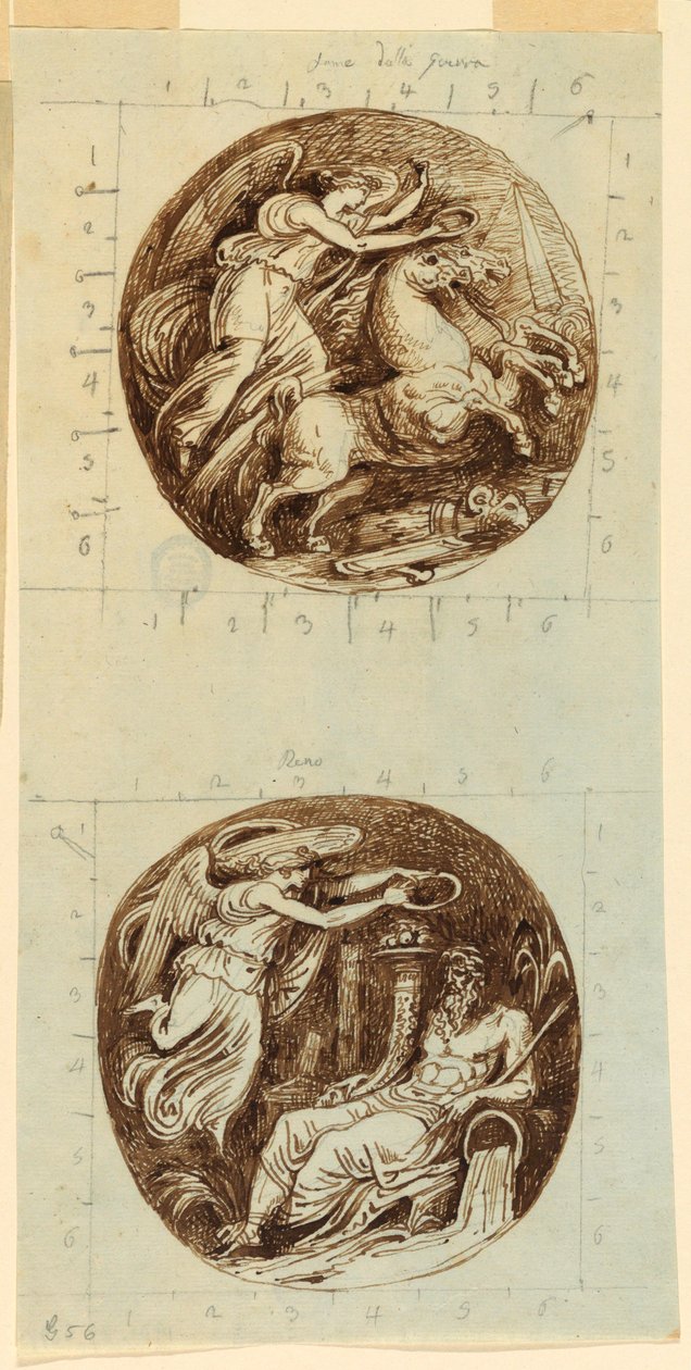 Dessin, Victoire ailée chevauchant un char ; Victoire ailée couronnant un dieu de la rivière, Reno ; deux rondeaux, vers 1805 - Felice Giani