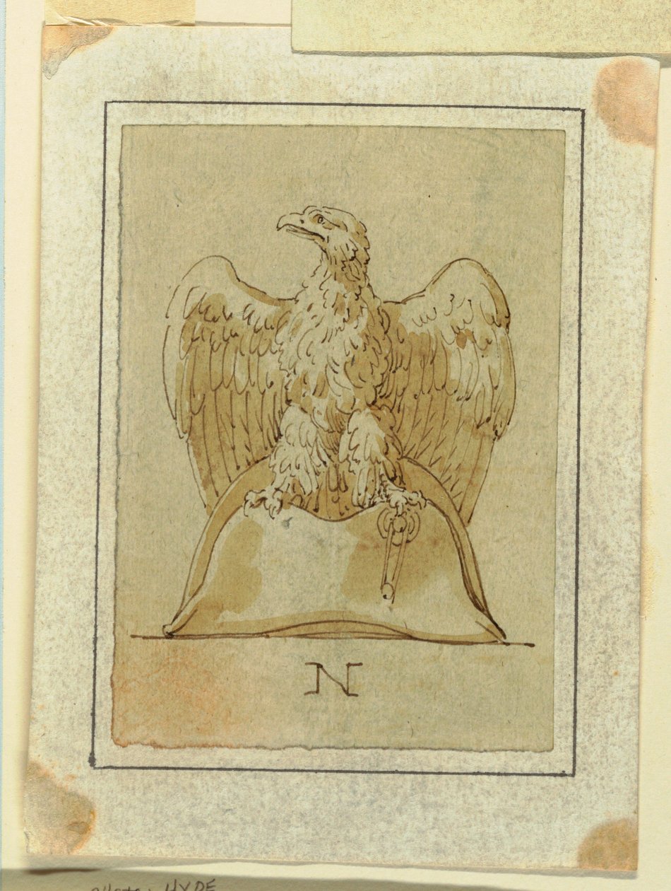 Dessin, projet : Aigle représenté, les ailes inversées, debout sur un chapeau bicorne français, vers 1800 - Felice Giani