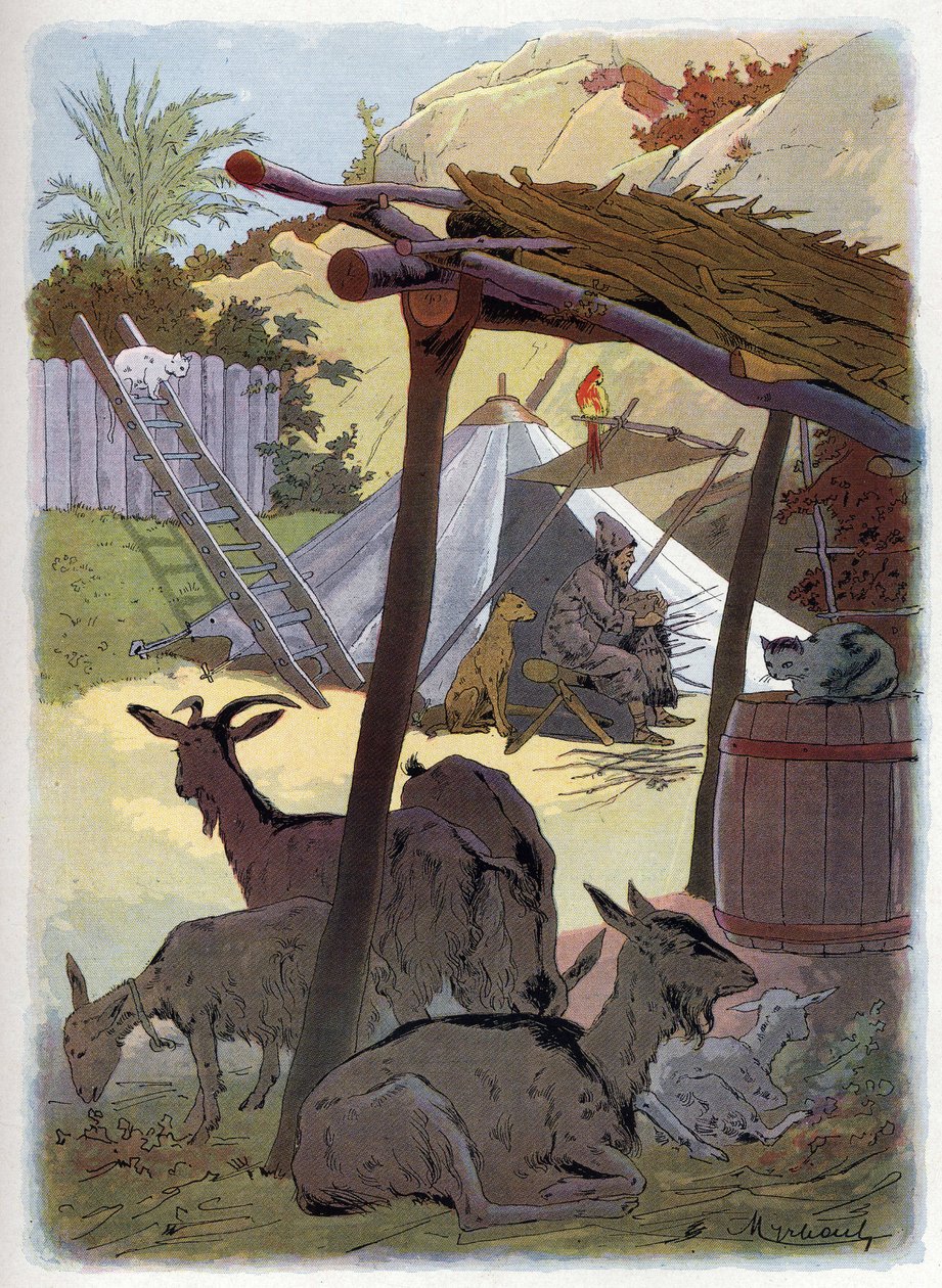 Robinson Crusoé chez lui avec ses animaux - Felicien baron de Myrbach Rheinfeld