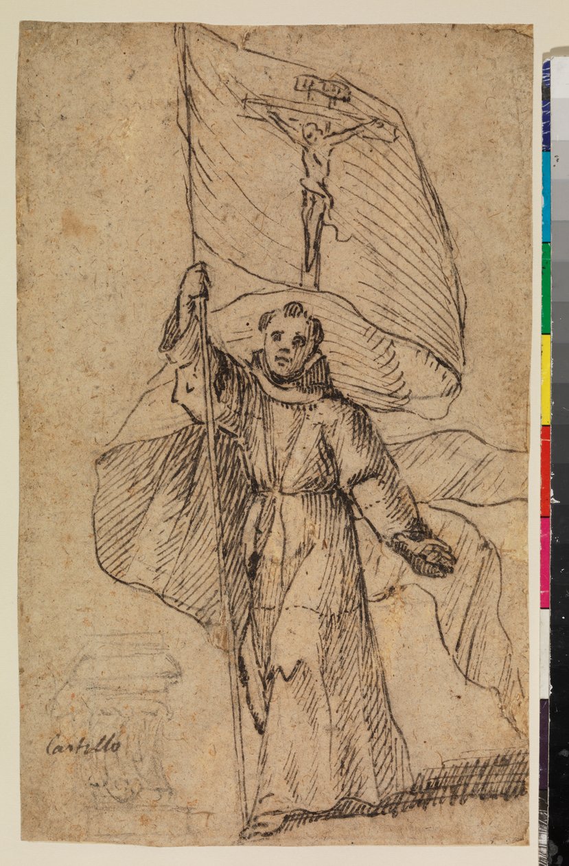 Moine franciscain tenant une bannière avec le Crucifix - Felipe Gomez de Valencia