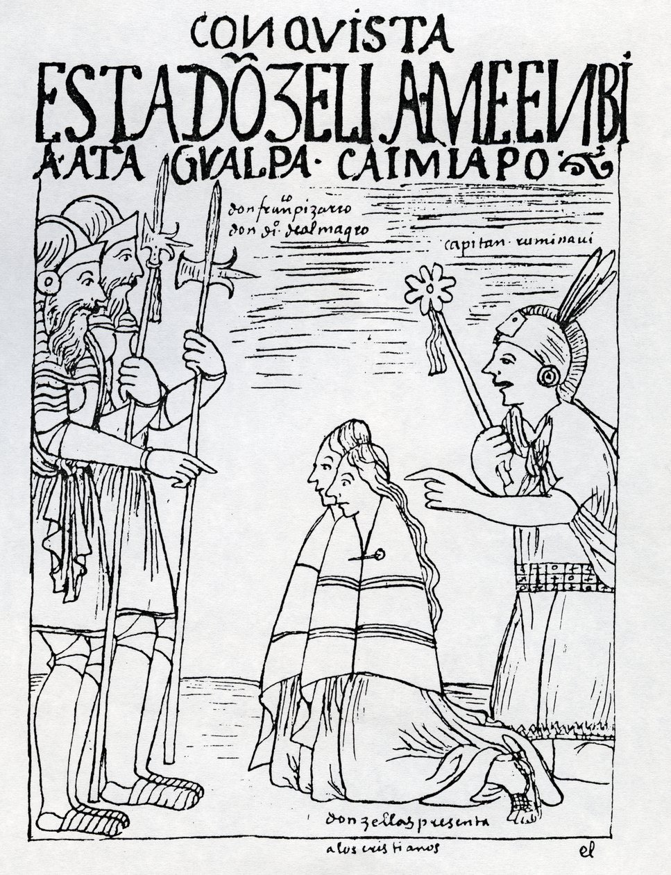 Le capitaine Ruminavi présente Francisco Pizarro et Diego de Almagro à deux femmes - Felipe Huaman Poma de Ayala