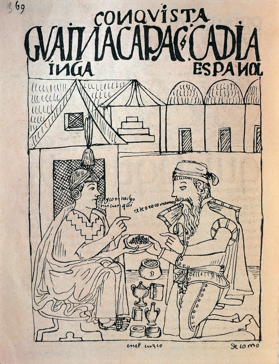 Inca de Cuzco et conquistador anglais recevant des cadeaux en échange de la liberté de l