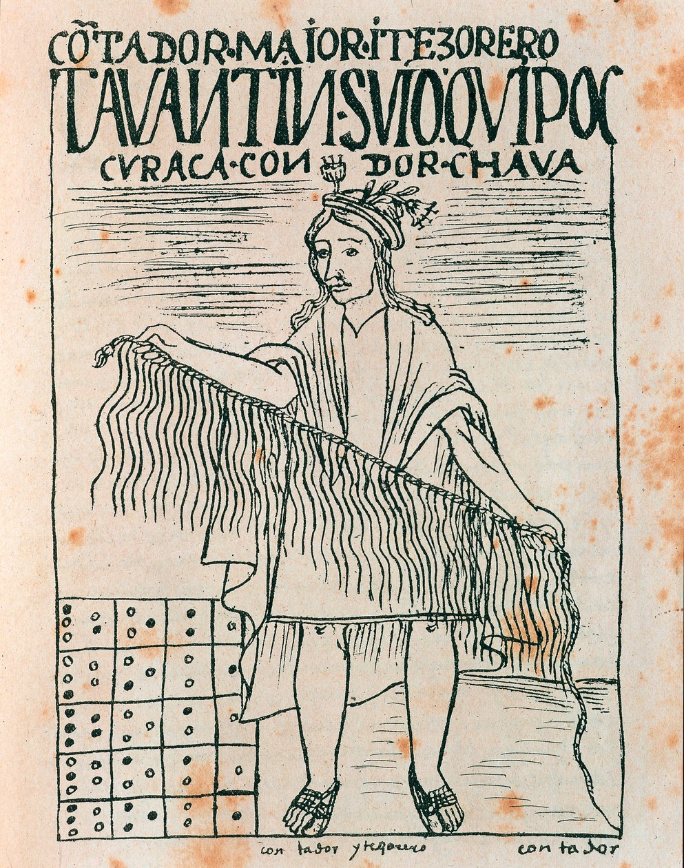 Homme inca tenant un quipu: système de comptabilité utilisant des cordes et des nœuds - Felipe Huaman Poma de Ayala