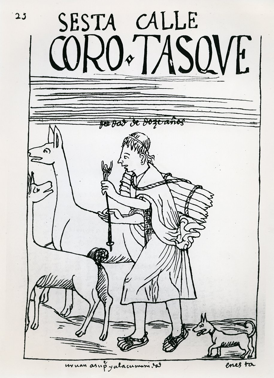 Fille de douze ans aux cheveux courts gardant des lamas - Felipe Huaman Poma de Ayala