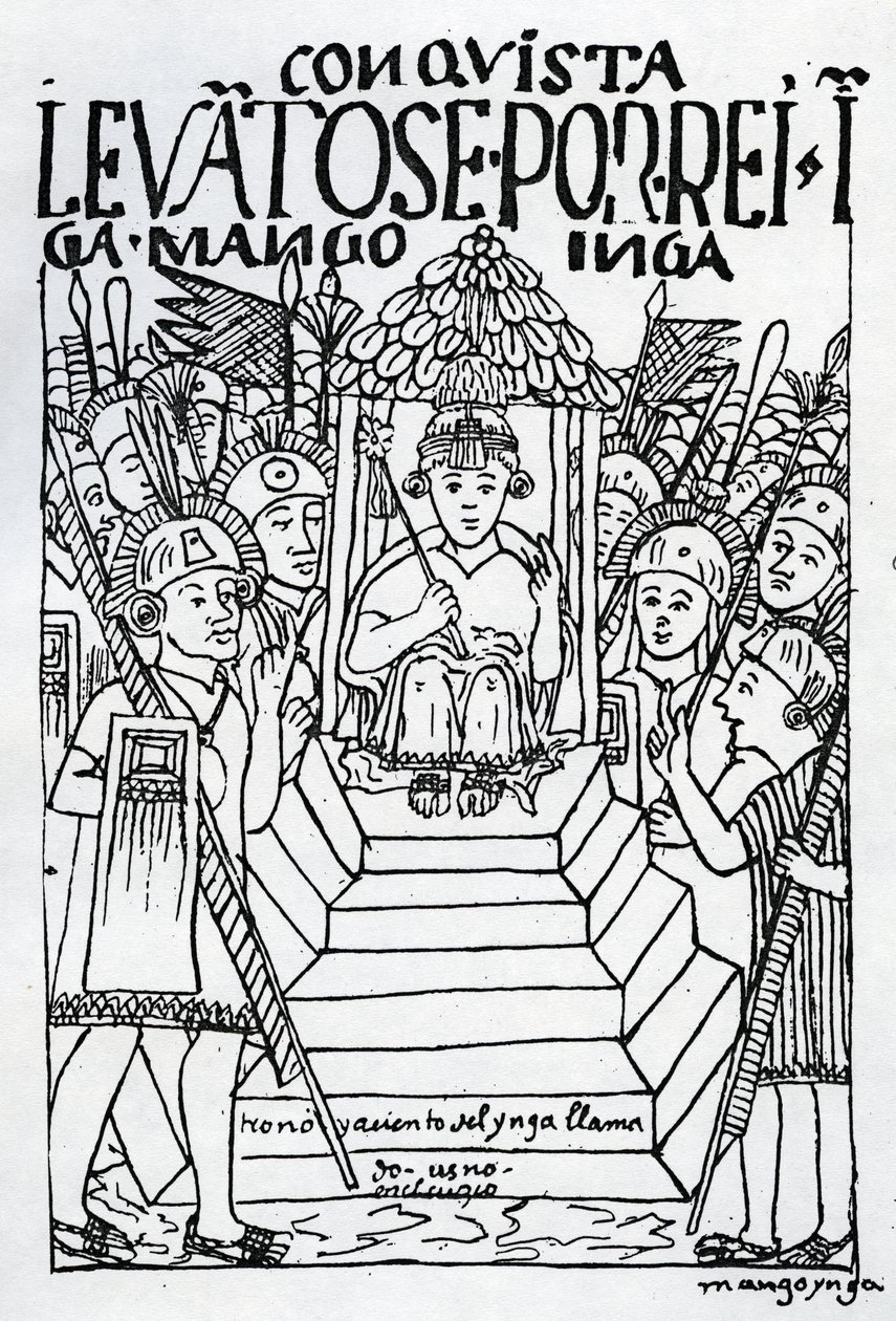 Le nouveau couronné Manco Inca sur le trône à Cuzco - Felipe Huaman Poma de Ayala