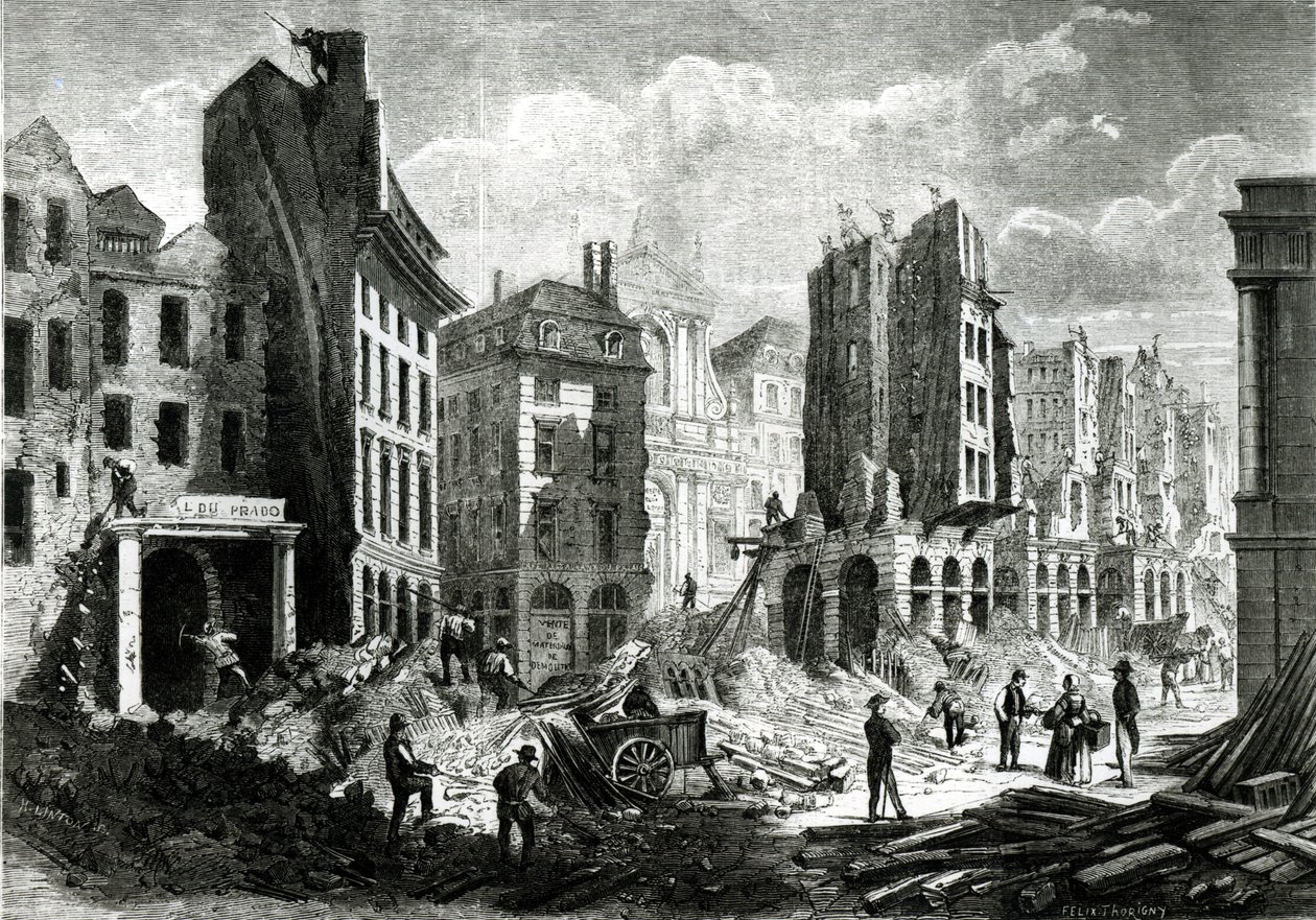 Construction du boulevard de Sébastopol (maintenant le boulevard du Palais), sous le Second Empire. Vue de la démolition de la rue de la Barillerie en 1859, pub. par Henry Duff Linton - Felix Thorigny