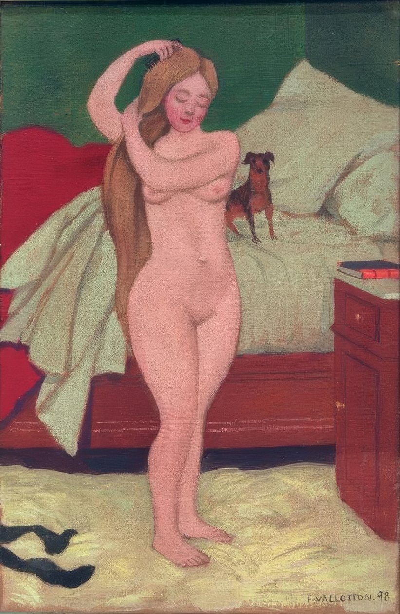 Nu féminin se peignant, intérieur - Felix Edouard Vallotton