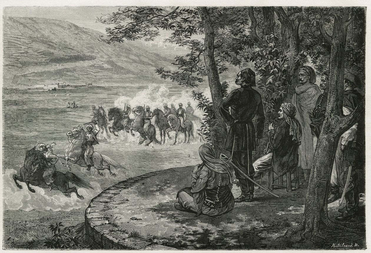 La course du djerid, le cavalier partait en tenant un bâton court qui représentait à la fois la lance et le fusil ; il le brandissait au-dessus de sa tête avant de le lancer, gravure par F. Regamey, pour illustrer l