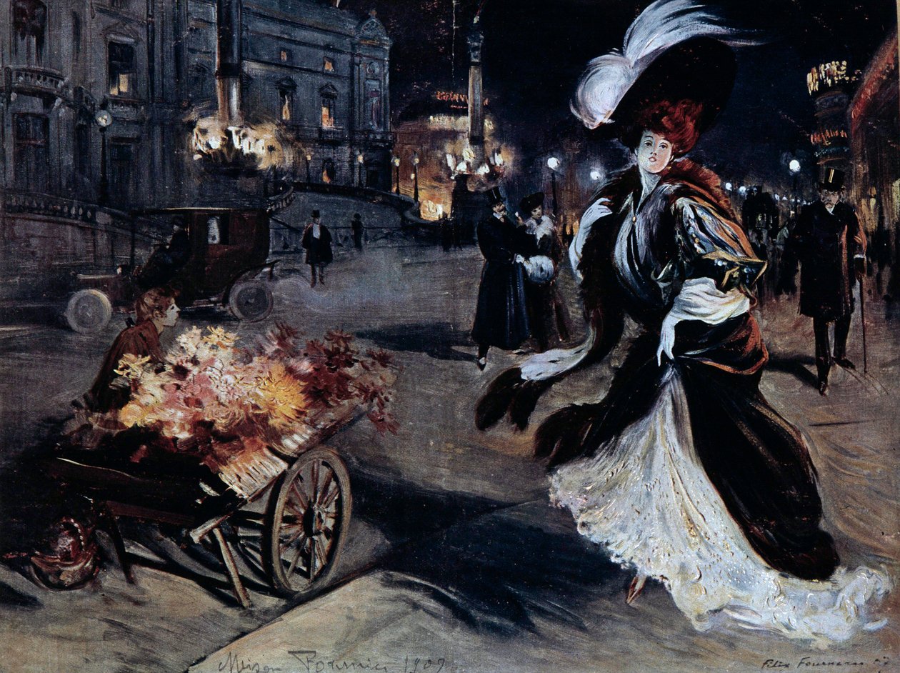 Belle Époque : Femme en aigrettes dans une rue parisienne la nuit - Felix Fournery