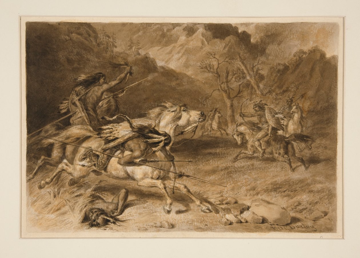 Dessin pour La Rencontre (Combat indien à cheval) - Felix O. C. Darley