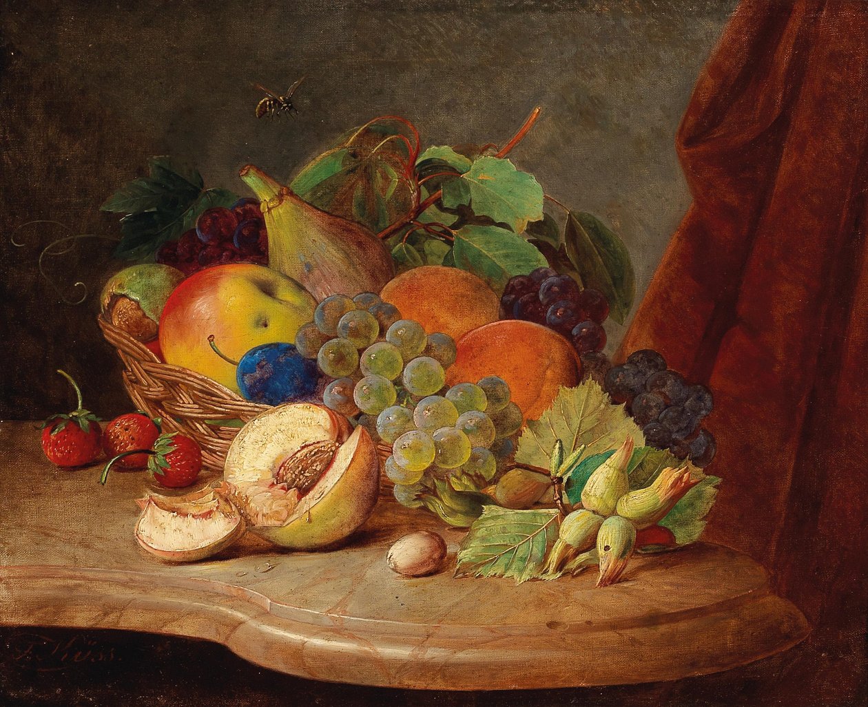 Nature morte avec panier de fruits et abeille - Ferdinand Kuss