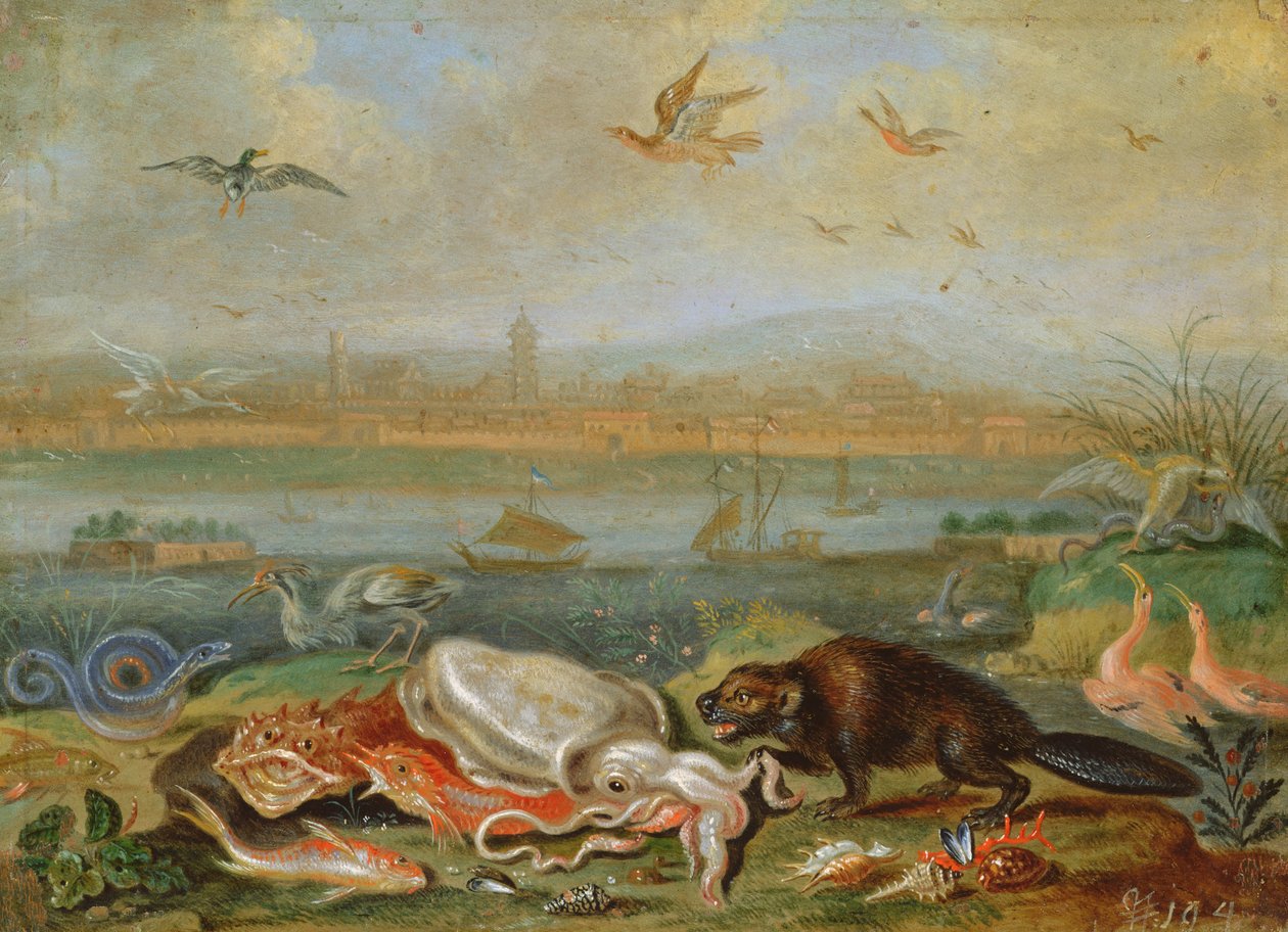 Créatures des quatre continents dans un paysage avec vue sur Canton en arrière-plan - Ferdinand van Kessel