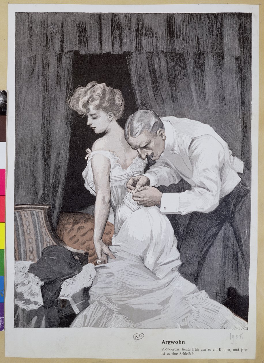 Mari soupçonneux observant la modification du laçage du corset de sa femme, 1909 - Ferdinand von Reznicek