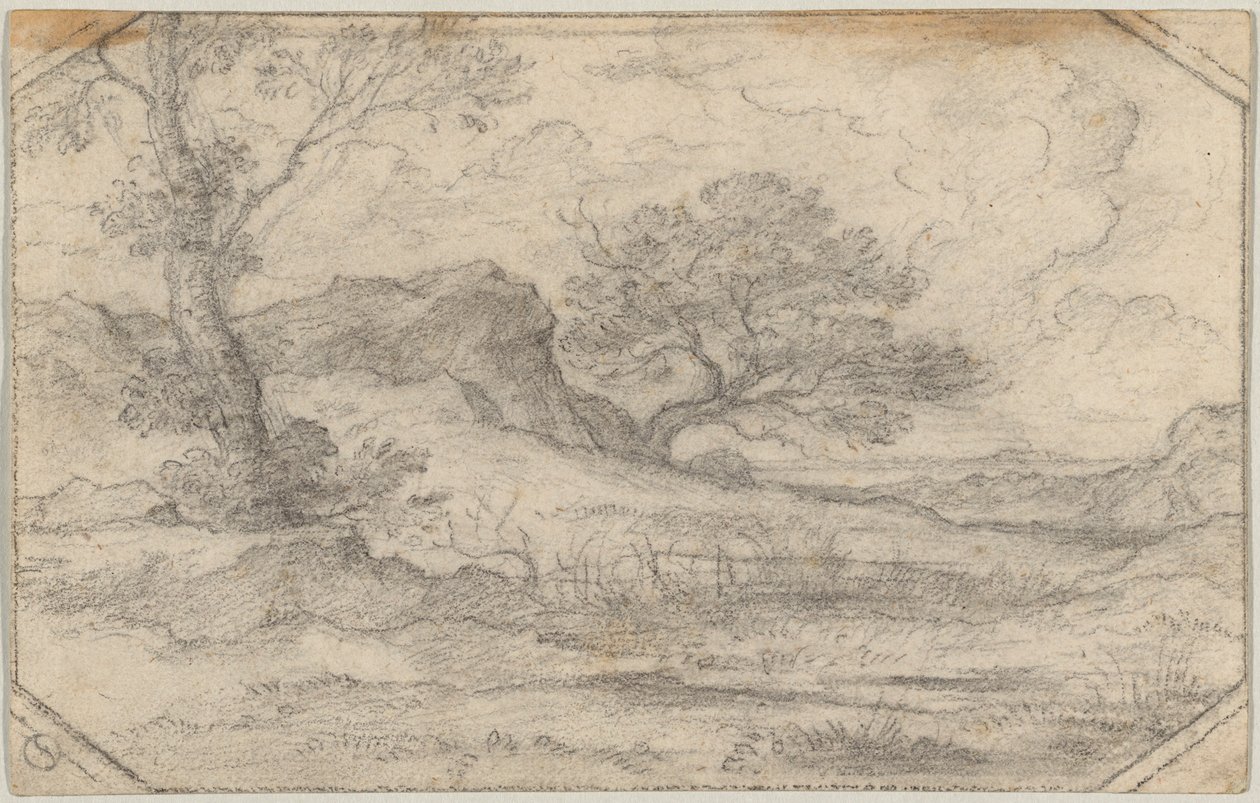 Paysage idéal avec deux arbres et massif rocheux - Ferdinand (Johann Heinrich Ferdinand) von Olivier