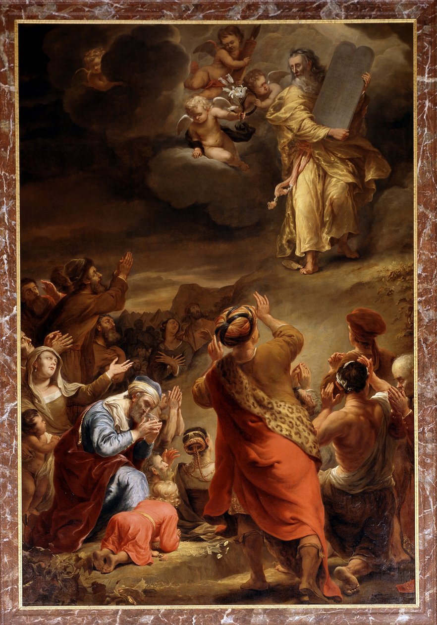 Moïse descend du mont Sinaï avec les dix commandements. - Ferdinand Bol